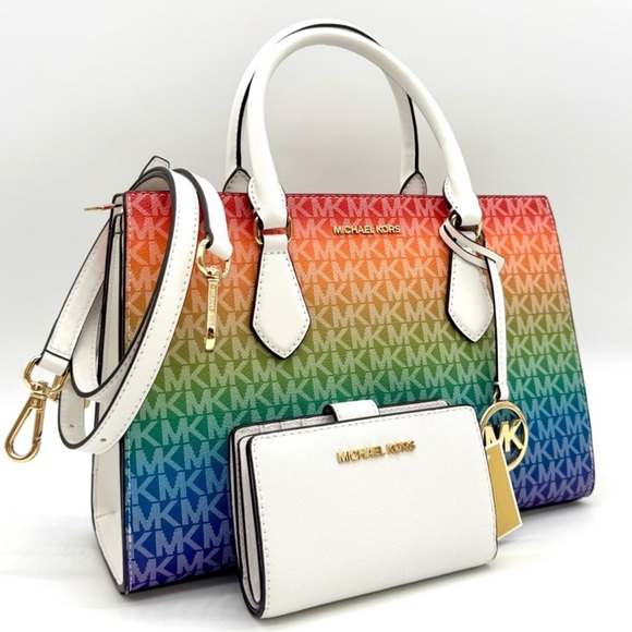 Michael Kors Medium Sheila CZ Satchel Bag & Matching Bifold Wallet Rainbow - Picture 1 of 11